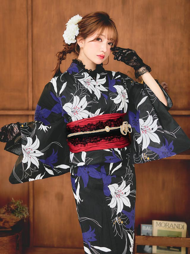 セパレート浴衣] 黒地×百合柄浴衣[4点SET]【YUKATA by dazzy