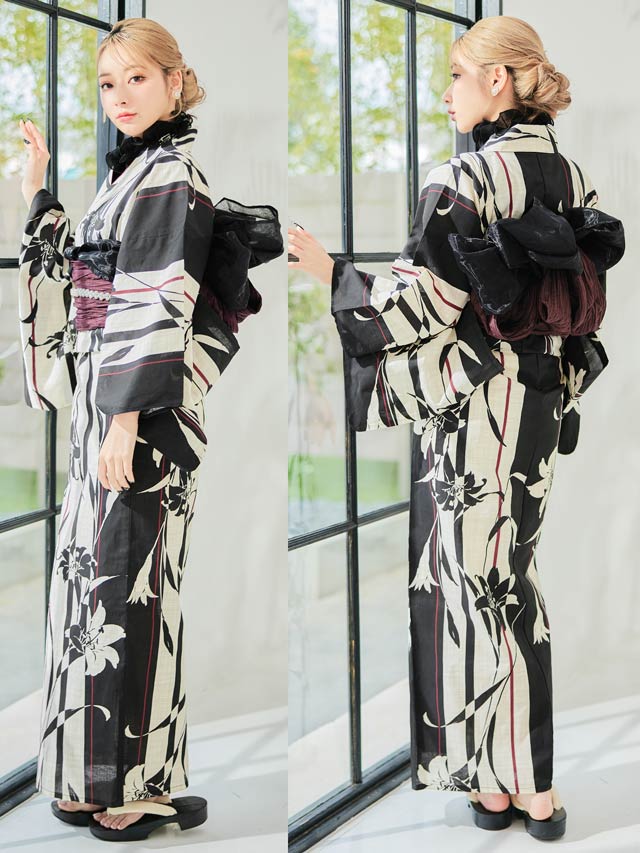 セパレート浴衣] 縦縞モノクロ百合柄浴衣[4点SET]【YUKATA by