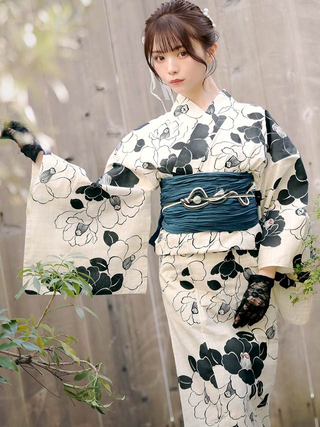 セパレート浴衣] レトロモダン椿柄浴衣[4点SET]【YUKATA by