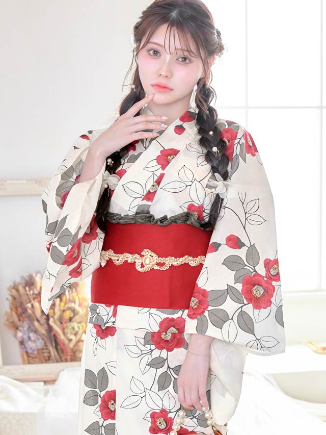 dazzy store 浴衣 赤 3点SET]モダン紅白椿柄浴衣【2024年新作/YUKATA by dazzy】の