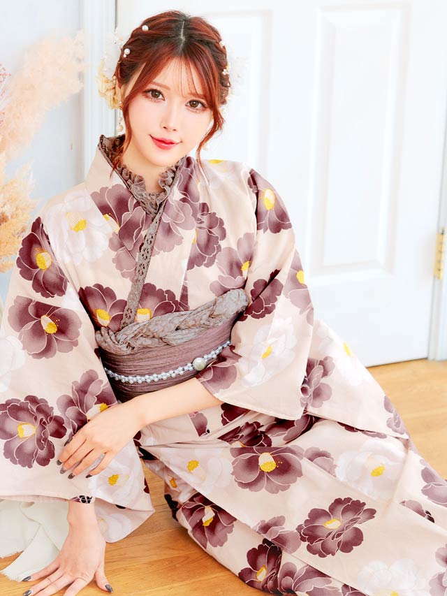 セパレート浴衣] フェミニン椿柄浴衣[4点SET]【YUKATA by dazzy