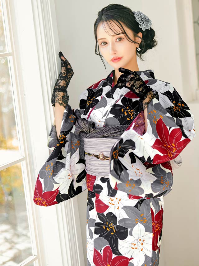 セパレート浴衣] ビビットモダン百合柄浴衣[4点SET]【YUKATA by