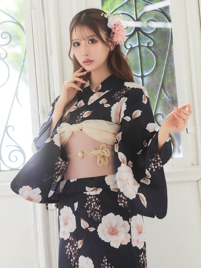 セパレート浴衣] 濃紺クリスマスローズ柄浴衣[4点SET]【YUKATA