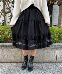 フラワー刺繍ティアードスカート(黒-M)