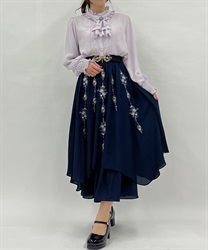 フラワー刺繍イレヘムスカート(紺-F)