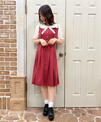 フリルビッグ襟半袖ワンピース(赤-M)