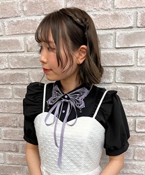 バタフライ刺繍襟半袖ブラウス(黒-M)