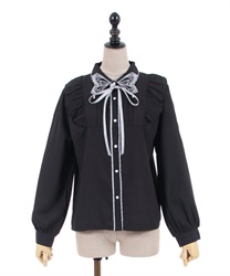 バタフライ刺繍襟ブラウス(黒-M)