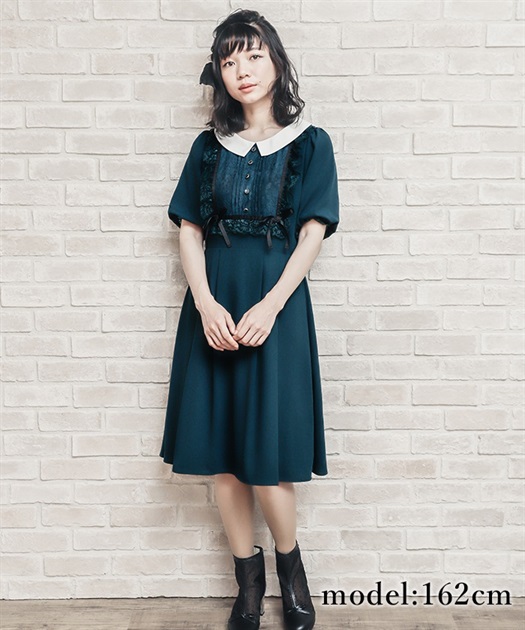 Outlet レースブロッキングパフ袖ワンピース Outlet Axes Femme Online Shop