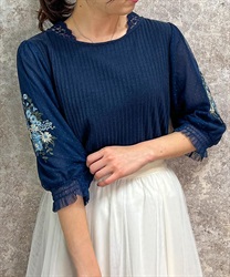 ドットチュール×花刺繍袖プルオーバー(紺-F)