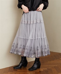 裾刺繍ティアードチュールスカート【タイムセール対象商品】(グレー-Ｓ)