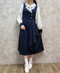 襟刺繍ストライプワンピース(紺-M)