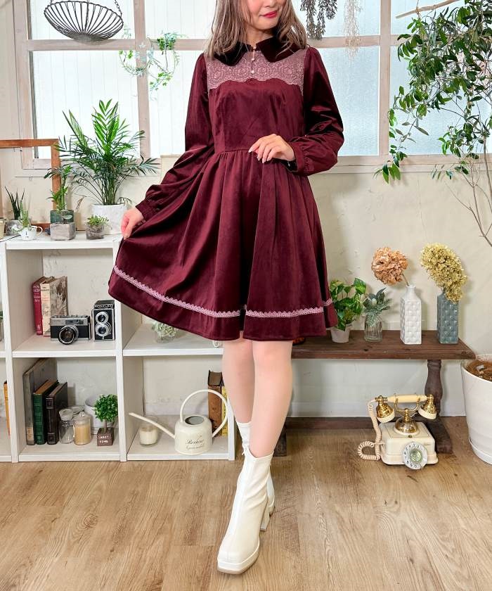 レースデザインベロアワンピース | レディース服・レディース