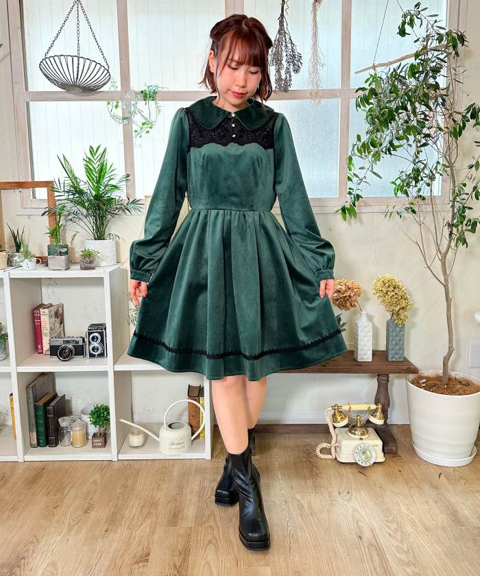 レースデザインベロアワンピース | POETIQUE | axes femme online shop