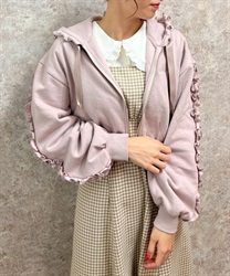 刺繍フリルショートパーカー【THANKS価格】(ピンク-M)