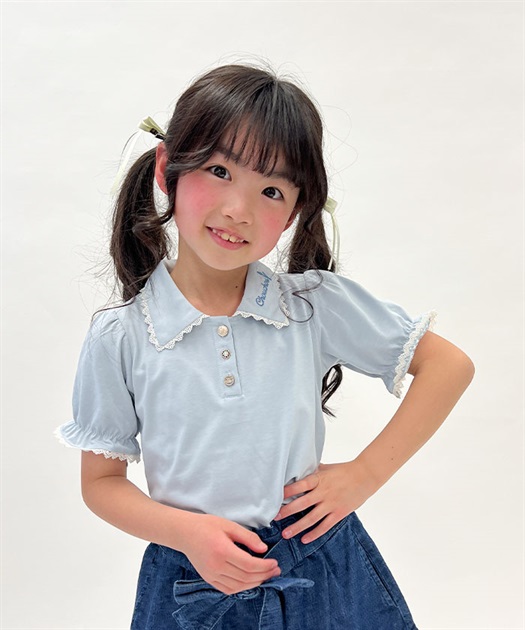 kids襟刺繍×アソート釦使いプルオーバー【タイムセール対象商品】(サックス-120cm)